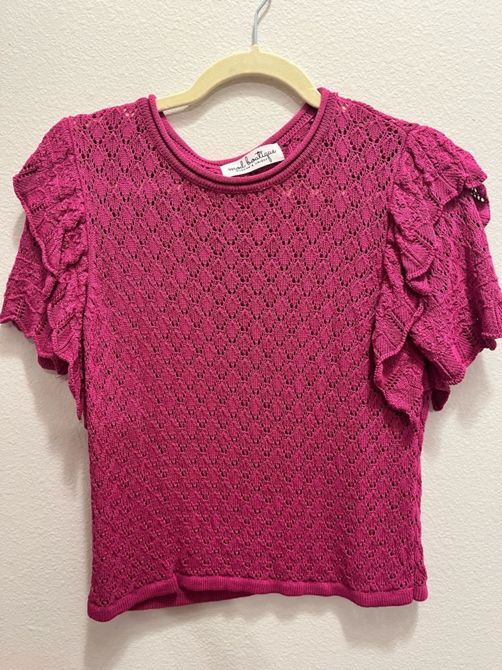 Mod Boutique Fuchsia Ruffle Sleeve Openwork Knit Blouse